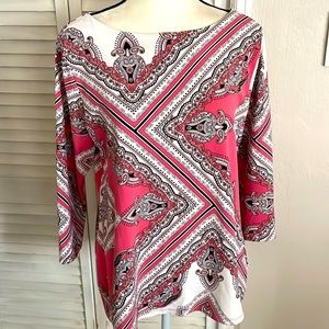 CHARTER CLUB 3/4 Sleeve Pink/Black/White Print Top, Size XL